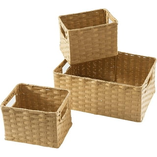 Multiuse Hand Woven Plastic Wicker Basket with Divider for  Organizing,Rustic Farmhouse Bathroom Decor,Countertop Organizer  Storage,14.4x6.1x4.3inches