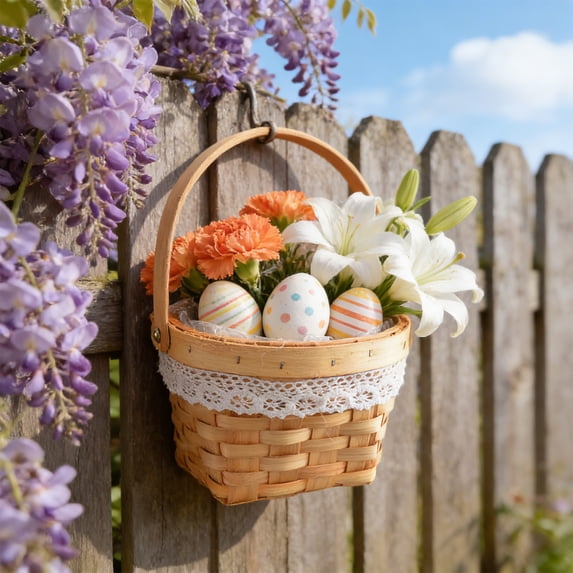 Wicker Basket with Handles, Woven Willow Storage Basket for Picnic,Decoration,Gift,Wedding,1Pcs (Beige Lace)