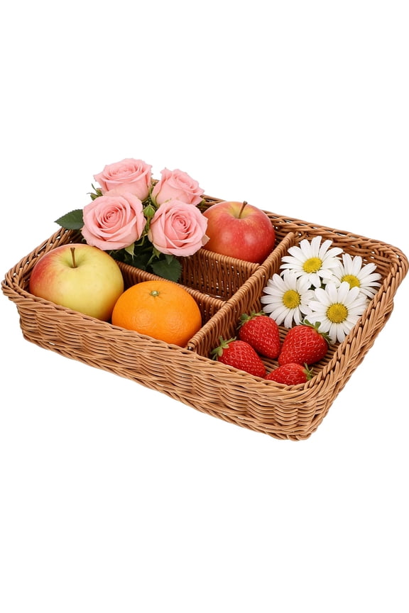 Wicker Baskets 4-Section Tea Bag/Sugar Packet Holder,Seagrass Woven Compartment Organizer,Storage Rattan Divided