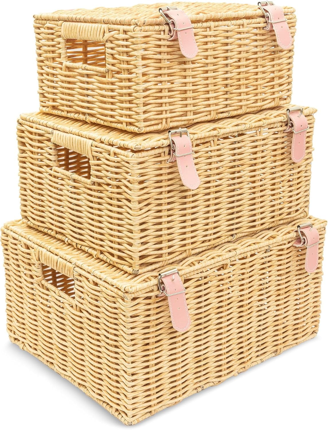 Wicker Baskets with Lid, Set of 3 – Large, Medium, Small Rectangular ...