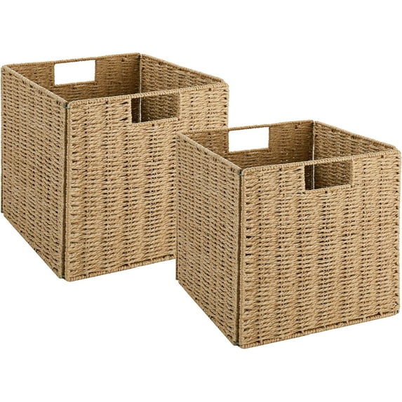 Wicker Baskets, Set of 2 Hand-Woven Storage Baskets for Shelves with Handles, Foldable Cube Wicker Storage Basket Bins Organizer 13 Inches Large Woven Baskets for Storage Organizing & Decor