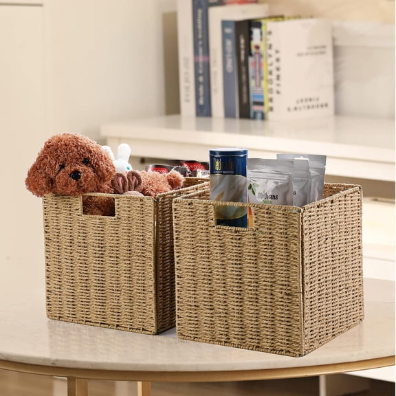 Wicker Baskets, Set of 2 Hand-Woven Storage Baskets for Shelves with Handles, Foldable Cube Wicker Storage Basket Bins Organizer 13 Inches Large Woven Baskets for Storage Organizing & Decor