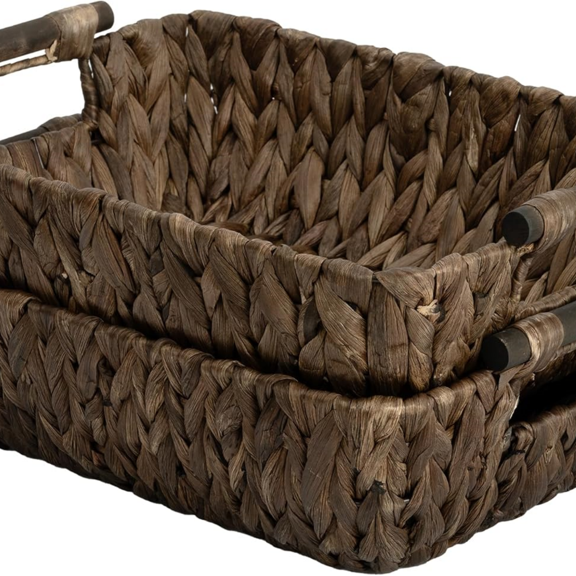 Wicker Baskets for Organizing, Woven Basket with Wooden Handles, Wicker Storage Baskets for Bathroom, Brown, 2-Pack