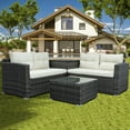 thumbnail image 1 of Wicker Bistro Patio Sets, 4 piece Rattan Patio Sectional with Loveseat Sofa, Coffee Table and Storage Box, Outdoor Conversation Sets for Backyard Poolside Garden, Beige Cushions, W12070, 1 of 10