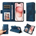 thumbnail image 1 of ELEHOLD For iPhone 13 Leather Wallet Phone Case, Embossed Diamond Folio Flip Cover, Card Holder Cash Slot, Stand Support, Wrist Strap Lanyard -Blue, 1 of 10