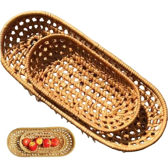 Wicker Bread Basket 2 Pcs Oval Rattan Serving Baskets for Bread Fruit Table Display