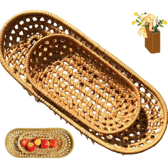 Wicker Bread Basket 2Pcs Oval Woven Rattan Serving Baskets Narrow Rustic for Storage Display Fruit Snack Flatware Baguettes, 6.9 & 10.4in Length Bread Basket, Baskets for Serving, Long Narro