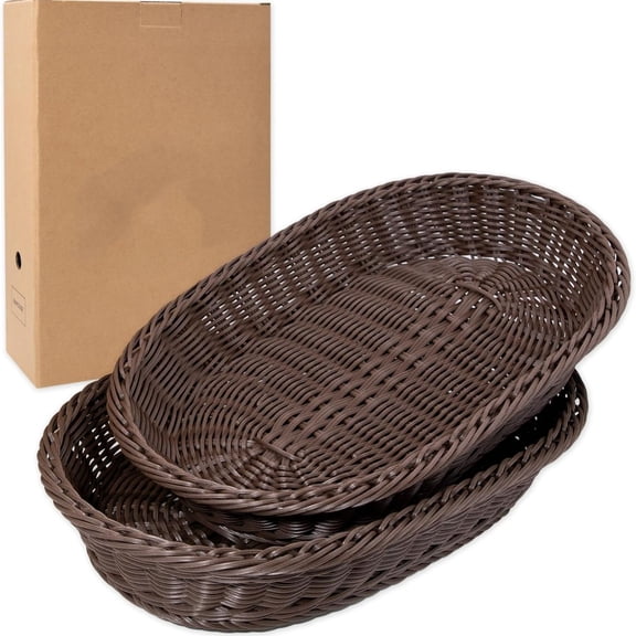 Wicker Bread Basket, Woven Basket as Serving Tray, Bread Serving Storage, Oval Resin Wicker, 2 pcs, Dark Brown