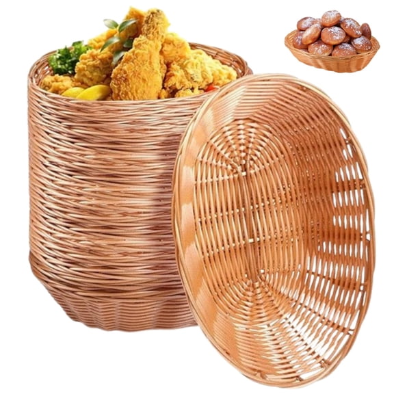 Wicker Bread Baskets, Bread Basket, 10Pcs Plastic Oval Basket,Food Storage Basket Fruit Serving Baskets for Kitchen, Restaurant, Light Brown 8.66*6.69*2.36,M