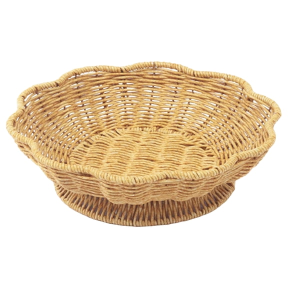 Wicker Bread Baskets, Imitation Rattan Fruit Baskets, Hand Woven Round Scalloped Tabletop Food Serving Basket Tray for Fruits, Vegetables and Snacks, Home Kitchen Bakery