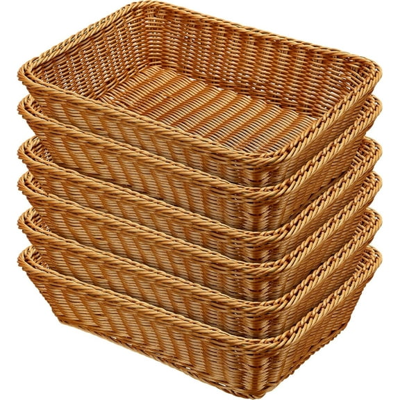 Wicker Bread Baskets, Woven Serving Basket for Gifts, Poly Wicker Storage Rectangle Rattan Display Trays for Bread Food Vegetables Fruit Snacks Tabletop Restaurant Home