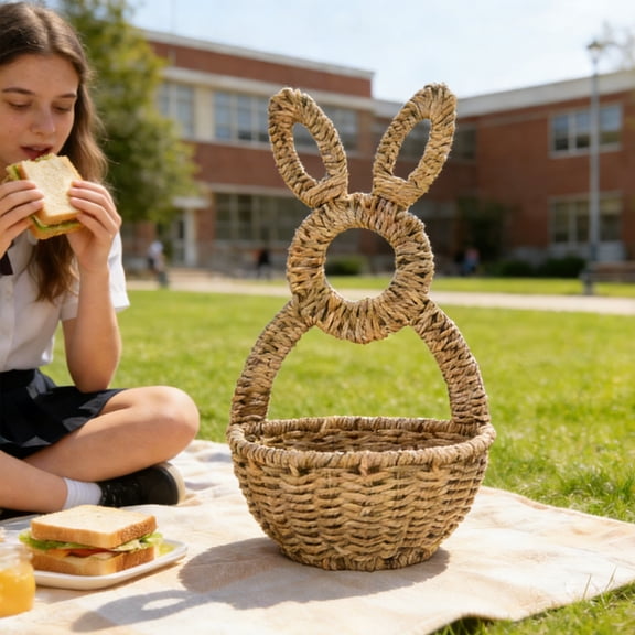 Wicker Bunny Hanging Basket with Open Ears - Hand-Woven Wall Basket, Easter Front Door Decor