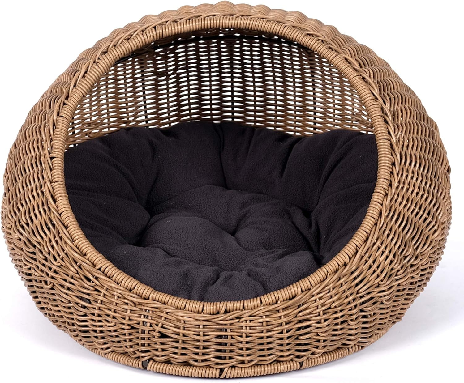 Wicker Cat Bed Dome for Medium Indoor Cats - a Covered Cat Hideaway Hut of Faux Rattan Houses Pets in Dome Basket, Washable