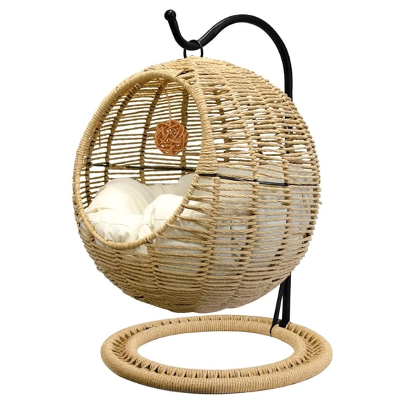 Wicker Cat Bed Indoors & Outdoors, Hand Made Cat Bed with Removable Cushion & Hanging , Washable Pet for Cat, Small Dog, Small Animals Brown 18.9"L x 18.9"W x 24.8"H