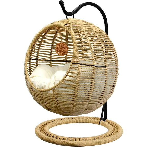 Wicker Cat Bed Indoors & Outdoors, Hand Made Cat Swing Bed with Removable Cushion & Hanging ball, Washable Pet Swing for Cat, Small Dog, Small Animals