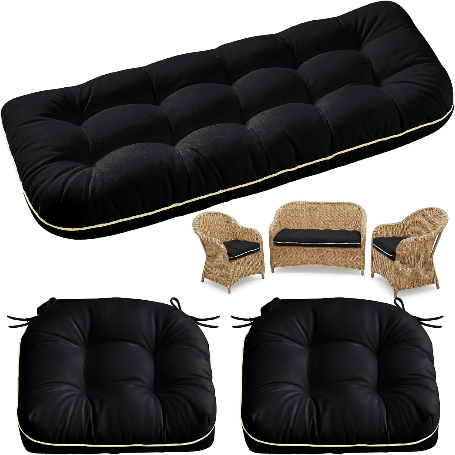 Wicker Chair Cushions 3 Pieces Set for Outdoor Furniture, Replacement Patio Wicker Furniture Cushions, 1Pc Loveseat Cushion & 2Pcs Chair Cushions (Black)