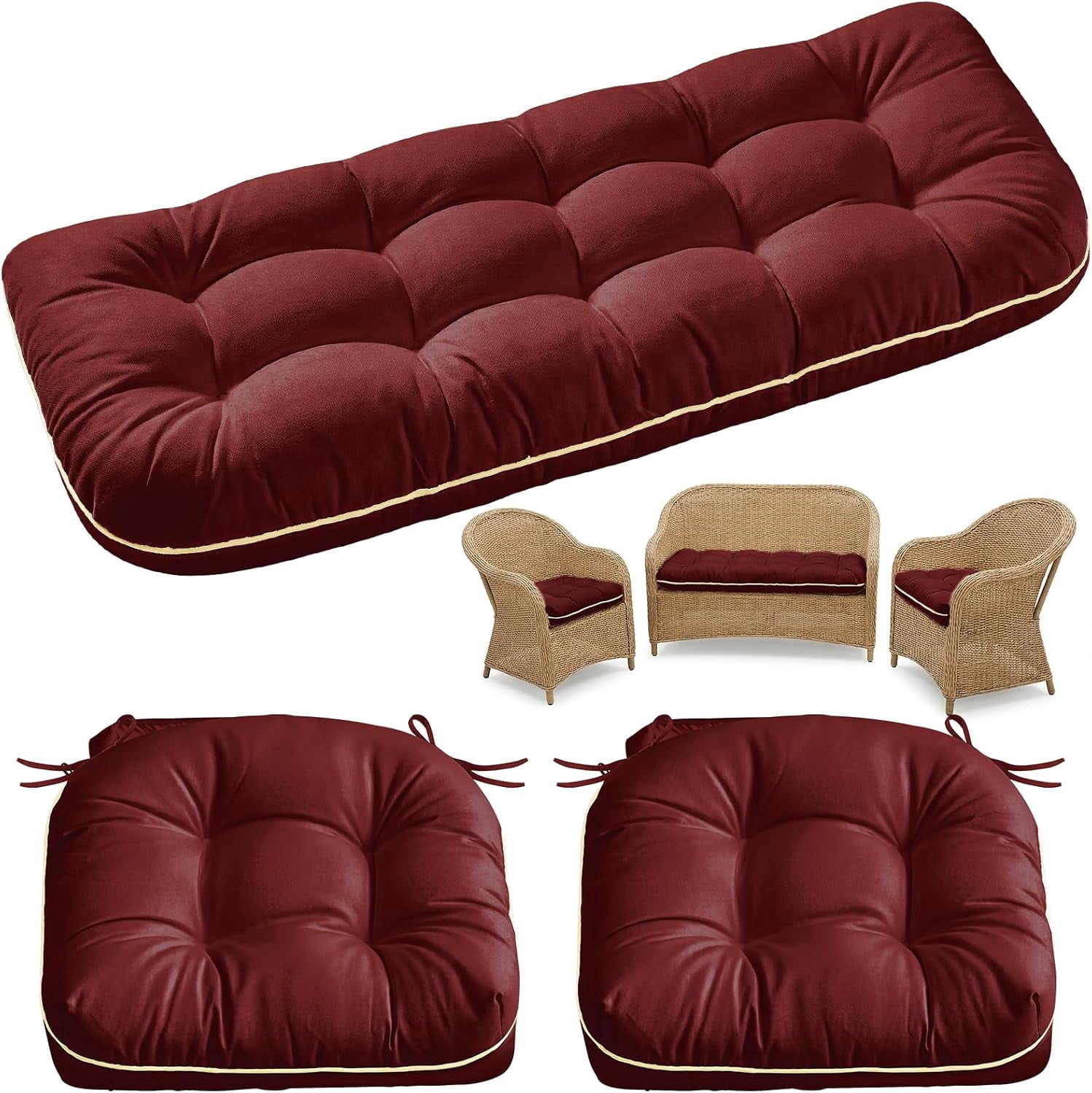 Wicker Chair Cushions 3 Pieces Set for Outdoor Furniture, Replacement Patio Wicker Furniture Cushions, 1Pc Loveseat Cushion & 2Pcs Chair Cushions (Burgundy)