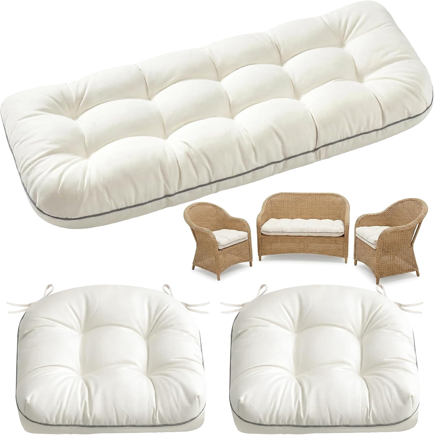 Wicker Chair Cushions 3 Pieces Set for Outdoor Furniture, Replacement Patio Wicker Furniture Cushions, 1Pc Loveseat Cushion & 2Pcs Chair Cushions (Cream)
