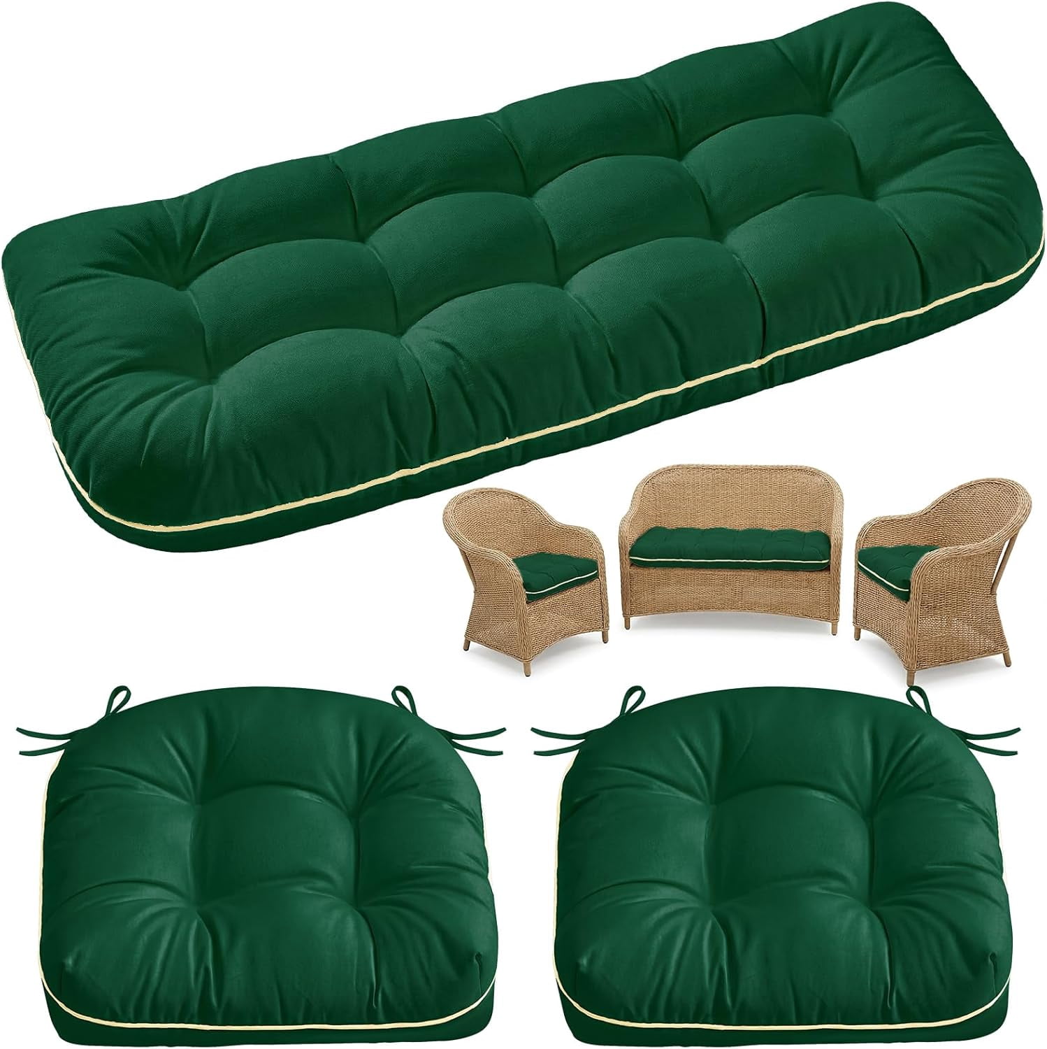 Wicker Chair Cushions 3 Pieces Set for Outdoor Furniture, Replacement Patio Wicker Furniture Cushions, 1Pc Loveseat Cushion & 2Pcs Chair Cushions (Green)