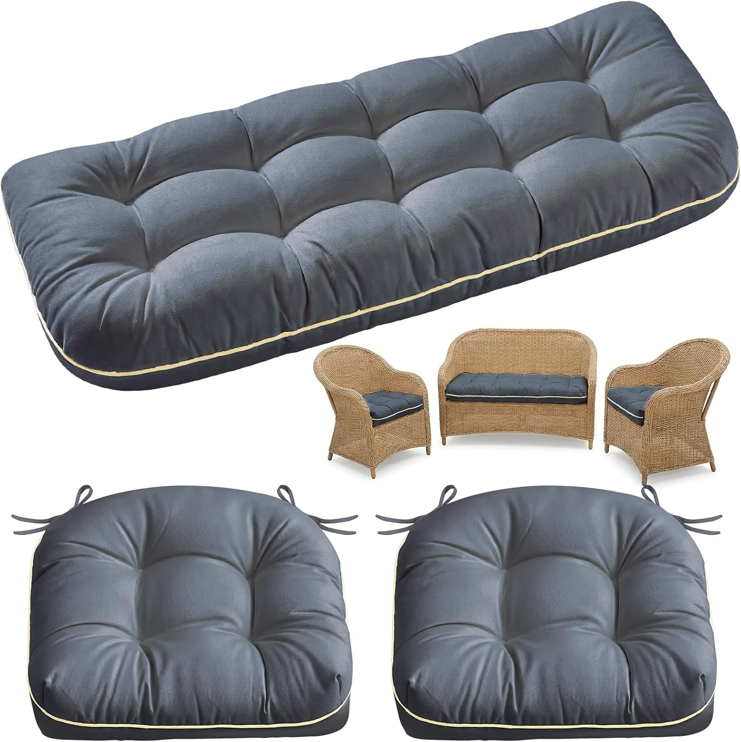 Wicker Chair Cushions 3 Pieces Set for Outdoor Furniture, Replacement Patio Wicker Furniture Cushions, 1Pc Loveseat Cushion & 2Pcs Chair Cushions (Grey)