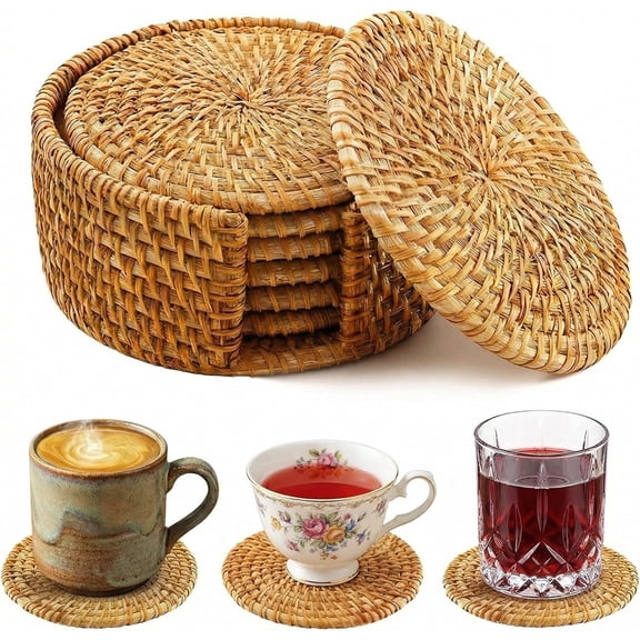 Wicker Coasters - 6 PCS 4 in Natural Rattan Coasters Set with HolderWicker Drink Coasters Set for Protecting TableBoho Table Protector Gift & Home Decor