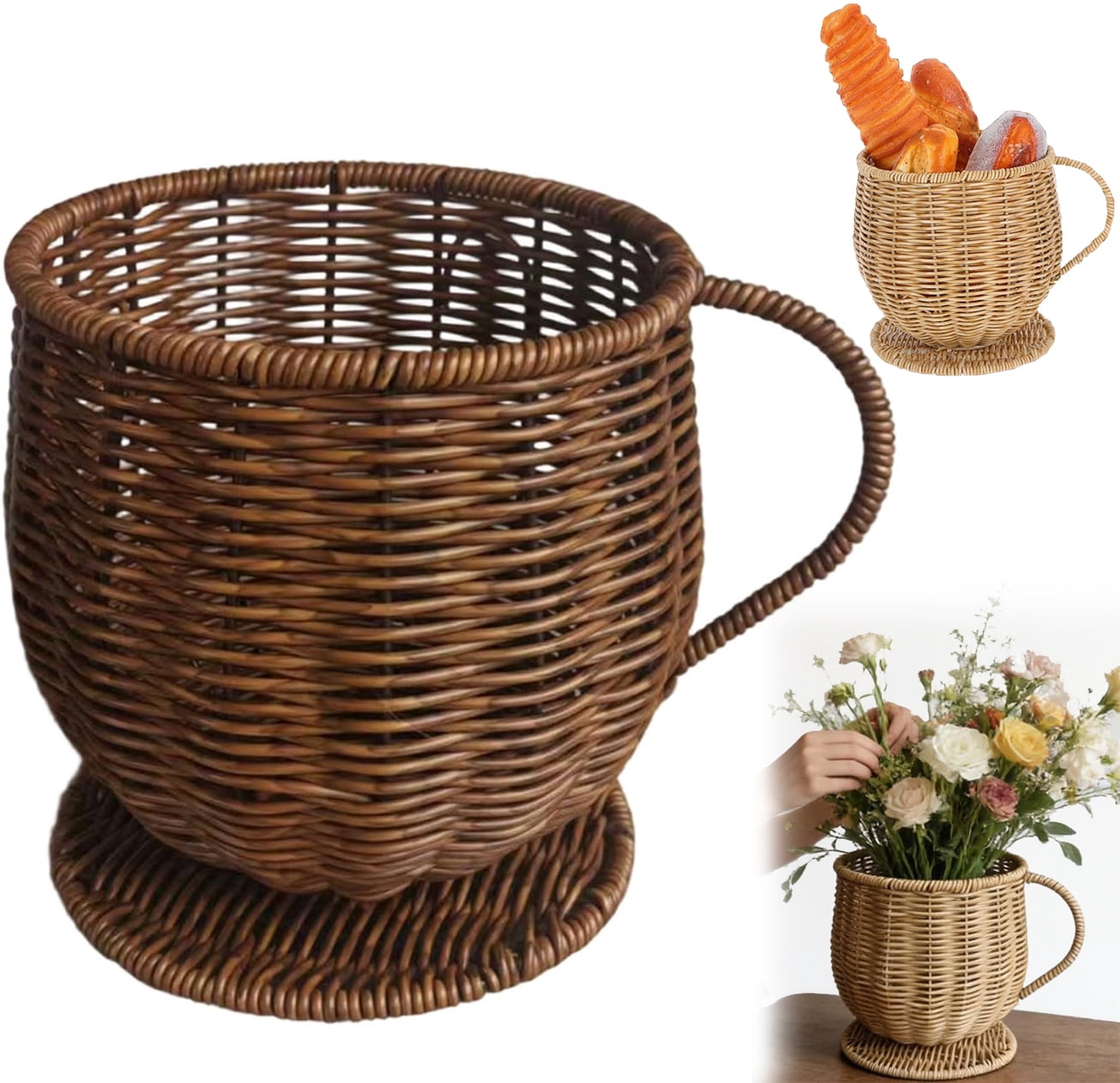 Wicker Coffee Cup Shape Storage Basket, Handwoven Woven Organizer for Fruit Bread, Rattan Creative Farmhouse Fruit Bowl, Multi-Purpose Container for Kitchen Countertop (Coffee)