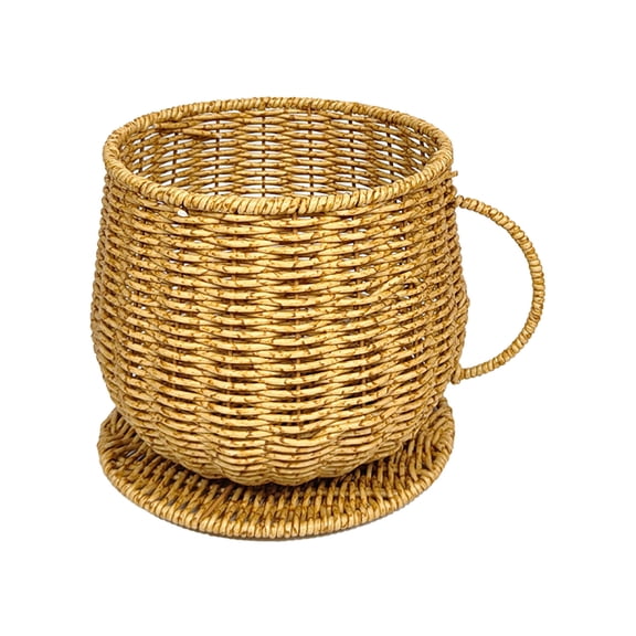 Wicker Coffee Cup Shape Storage Basket, Handwoven Woven Organizer for Fruit Bread, Multi-Purpose Container for Kitchen Countertop (Beige)