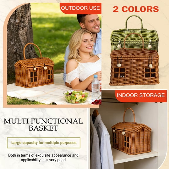 Wicker Cottage - Shaped Basket With Lid And Foldable Handle - Green For Picnics, Easter, Storage Organization