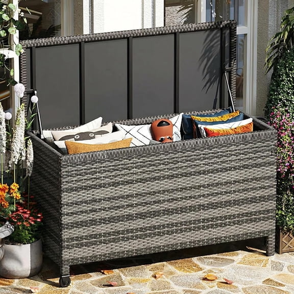 125 Gallon Wicker Deck Box - All Weather Outdoor Rattan Storage Box for Patio Cushions Pool Supplies and Garden Tools - Grey