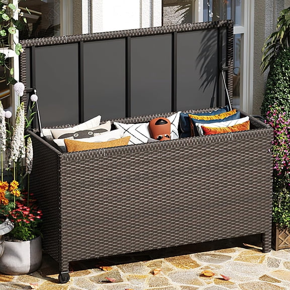 Wicker Deck Box, 185 Gallon All-Weather Outdoor Storage Box, Rattan Storage Bin for Patio Furniture, Outdoor Cushions, Pool Storage and Garden Tools, Brown