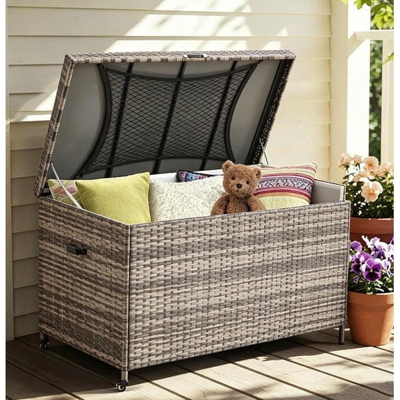 Wicker Deck Box, Outdoor Storage Box with Portable Wheels and Handles, Patio Rattan Container for Garden, Balcony, Yard (Gray, 240 Gallon)