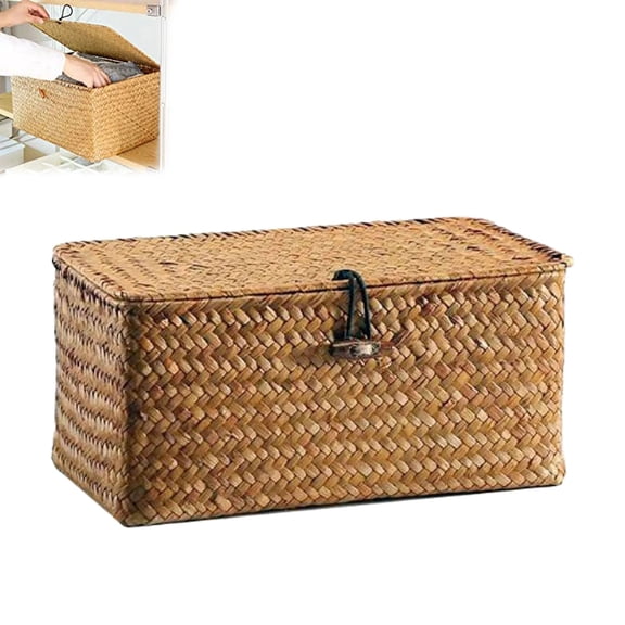 Wicker Decorative Box with Lid, Rectangular Woven Storage Basket for Shelf Display, Coffee Tables Storage, Shelf Desktop Home Organization Decor