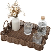 Wicker Decorative Scalloped Trays for Home Decor, Coffee Table Trays with Handles, Woven Rattan Tray for Kitchen Counter, Rectangle Serving Tray Decor for Living Room, Ottoman, Brown