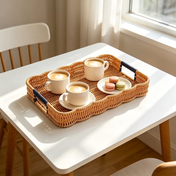 Wicker Decorative Scalloped Trays for Home Decor, Coffee Table Trays with Handles, Woven Rattan Tray for Kitchen Counter, Rectangle Serving Tray Decor for Living Room