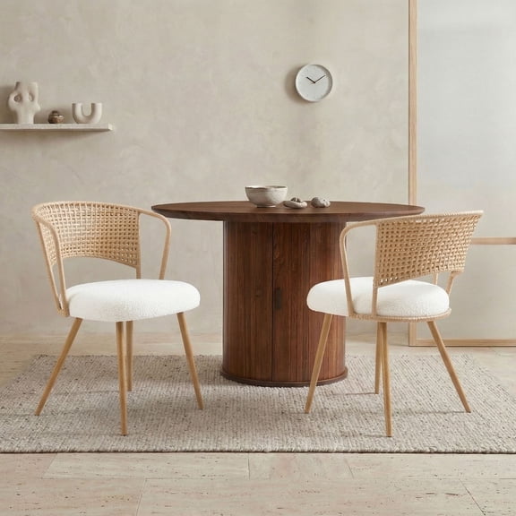 Wicker Dining Chairs Set of 2, Farmhouse Soft Cushioned Cane Back Kitchen Chair, Wing-Back Dining Chair with Metal Legs for Home Kitchen, Brown