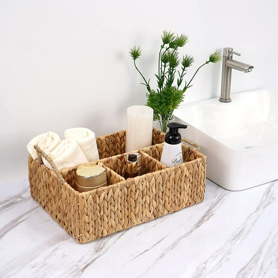Wicker Divided Storage Basket Woven Natural Hyacinth Organizer for Bathroom Kitchen Office Shelves Everyday 4 Section Rectangular Tray