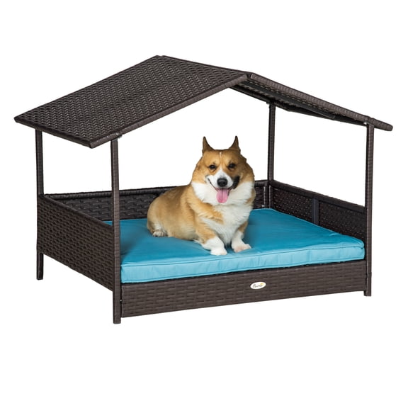 Wicker Dog House Elevated Raised Rattan Bed for Indoor/Outdoor with Removable Cushion Lounge, Blue