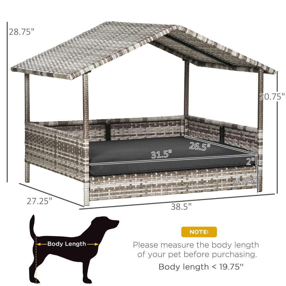 Wicker Dog House Outdoor with Canopy, Rattan Dog Bed with Water-resistant Cushion Easy Cleaning Pet House, for Small and Medium Dogs, Ideal for Patios, Gardens, or Living Rooms