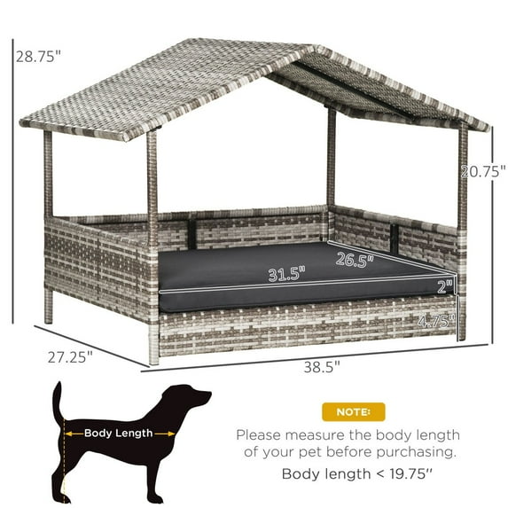 Wicker Dog House Outdoor with Canopy, Rattan Dog Bed with Water-resistant Cushion Easy Cleaning Pet House, for Small and Medium Dogs, Ideal for Patios, Gardens, or Living Rooms