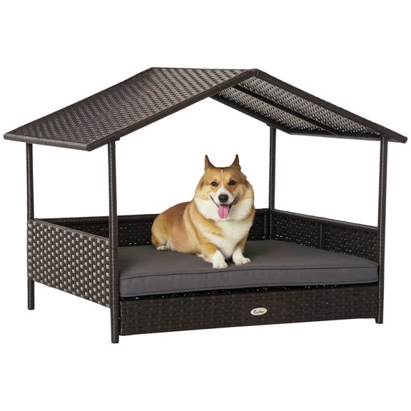 Wicker Dog House Outdoor with Canopy, Rattan Dog Bed with Water-resistant Cushion, Raised Pet Bed for Small, Medium Breeds up to 66 lbs, 20" in Length, Brown Wicker, Gray Cushion