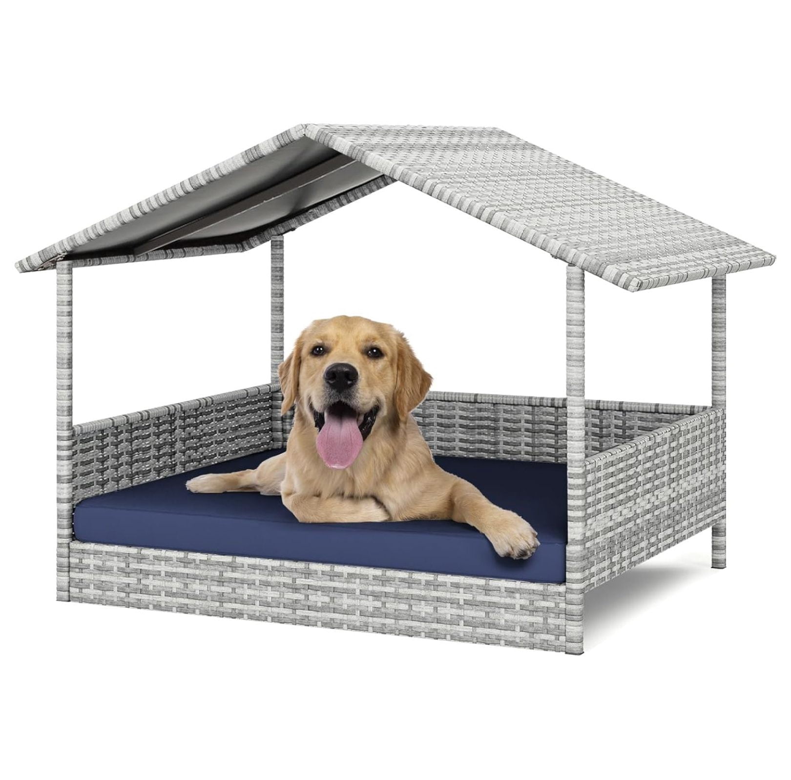 View of Wicker Dog House Outdoor, HDPE Rattan Dog Bed with Canopy, Raised Dog ...