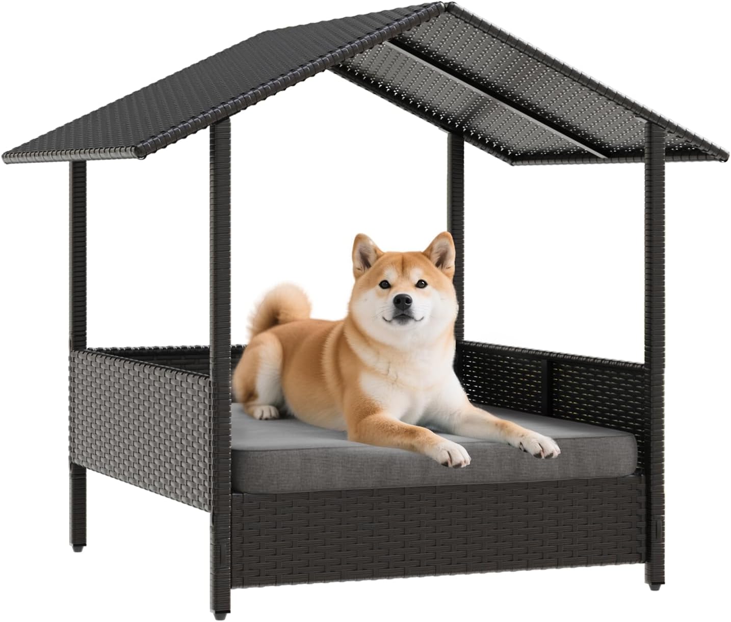 Wicker Dog House Outdoor Indoor with Canopy and Removable Cushion, Elevated Rattan Dog Bed Shelter for Small/Medium Dogs, Weather Proof Cushion Cover Pet Cabana for Patio, Deck, Pool, Yard,Black