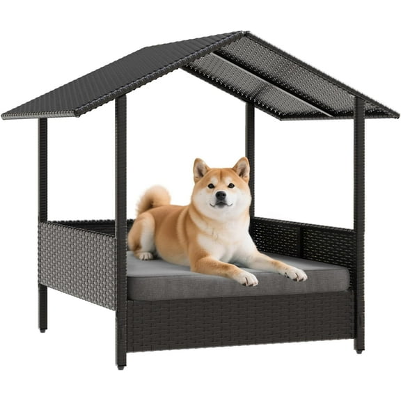 Wicker Dog House Outdoor Indoor with Canopy and Removable Cushion, Elevated Rattan Dog Bed Shelter for Small/Medium Dogs, Weather Proof Cushion Cover Pet Cabana for Patio, Deck, Pool, Yard,Black