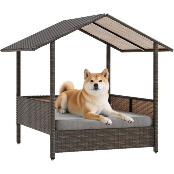 Wicker Dog House Outdoor Indoor with Canopy and Removable Cushion, Elevated Rattan Dog Bed Shelter for Small/Medium Dogs, Weather Proof Cushion Cover Pet Cabana for Patio, Deck, Pool, Yard,Brown