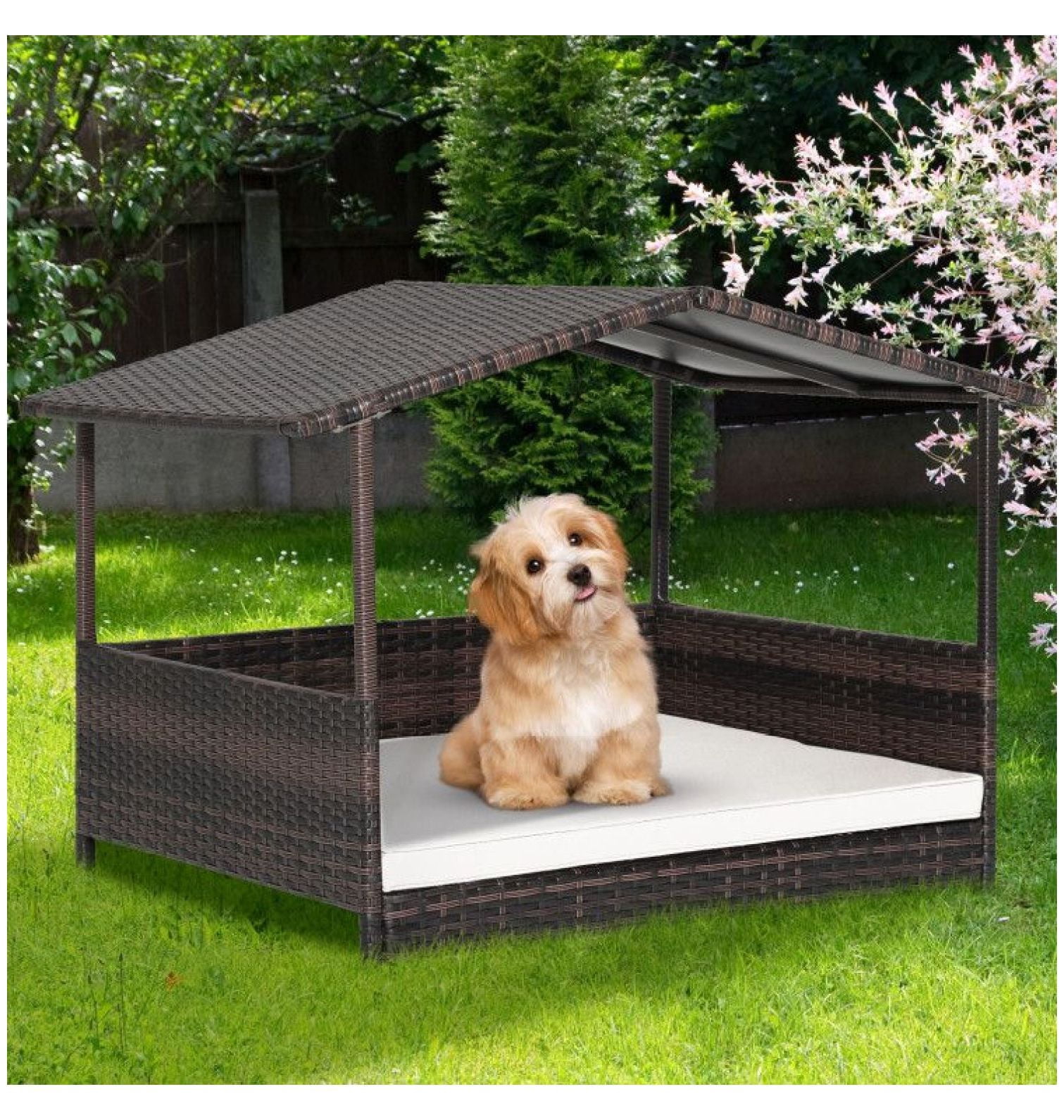 Wicker Dog House Outdoor Indoor, Weatherproof Rattan Dog Bed with Cushion - Large Dog House for Yard, Porch, Living Room - Elevated Pet Bed