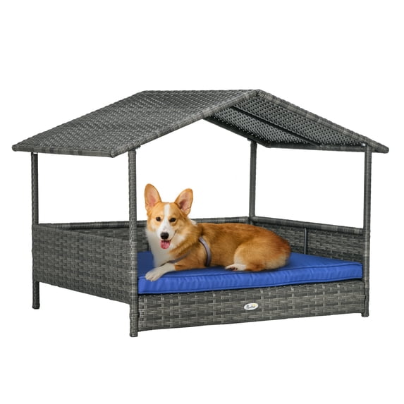Wicker Dog House Outdoor, PE Rattan Dog Bed with Canopy - Small Medium Dogs, Water-resistant Cushion, Dark Blue