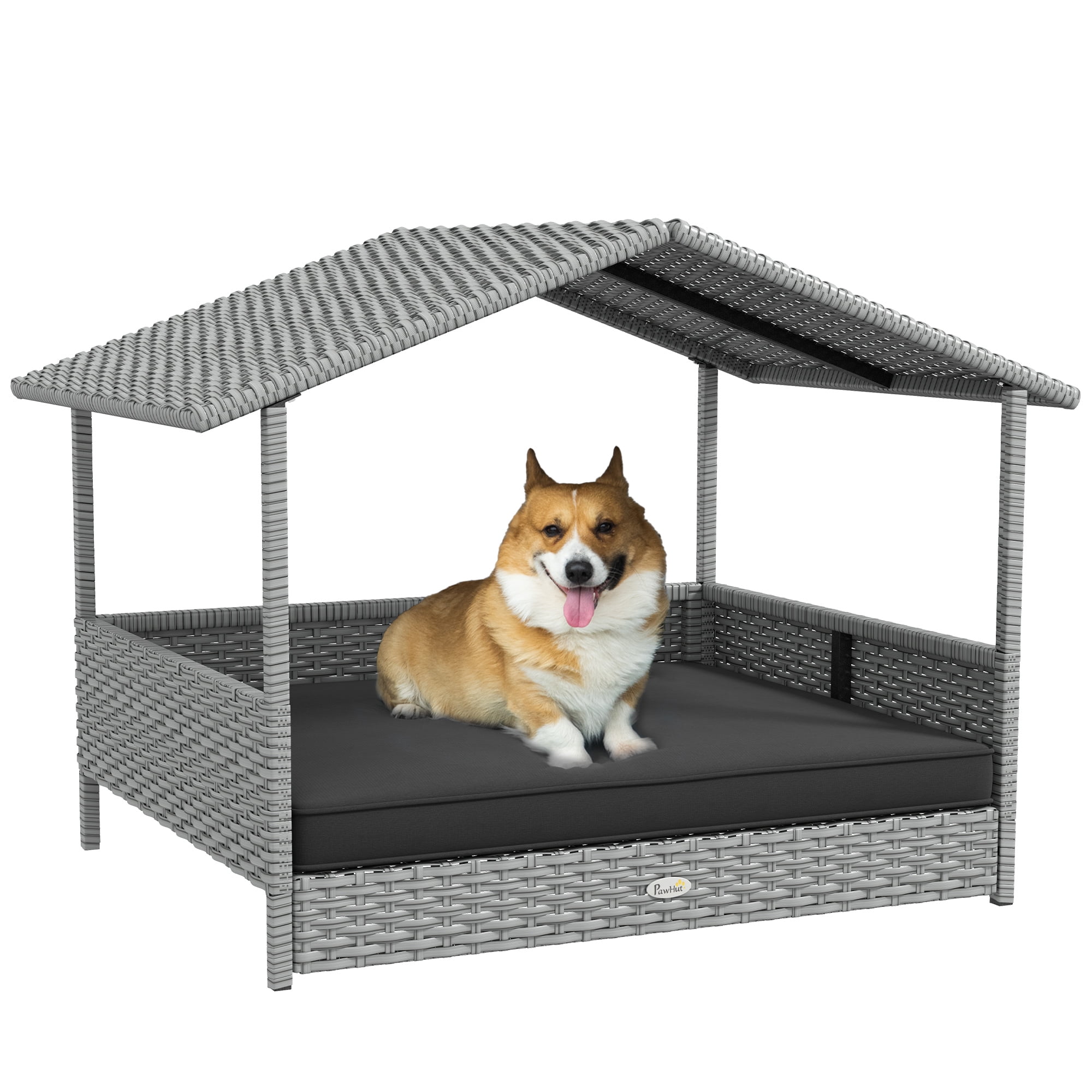 Wicker Dog House Outdoor with Canopy Rattan Dog Bed Water-Resistant Cushion Elevated Pet Shelter for Small to Medium Dogs Gray