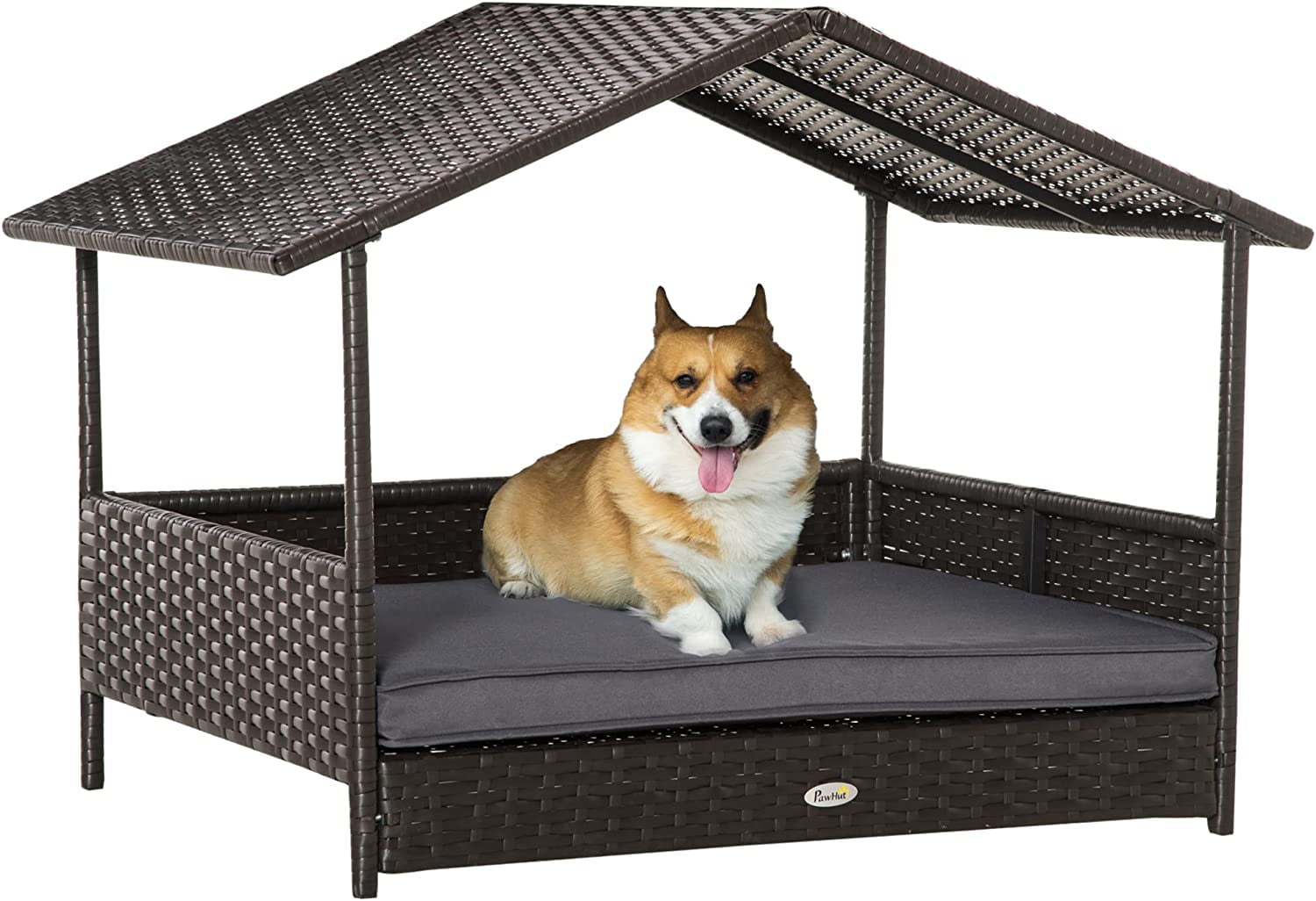 Wicker Dog House Outdoor with Canopy, Rattan Dog Bed with Water-Resistant Cushion, for Small and ...
