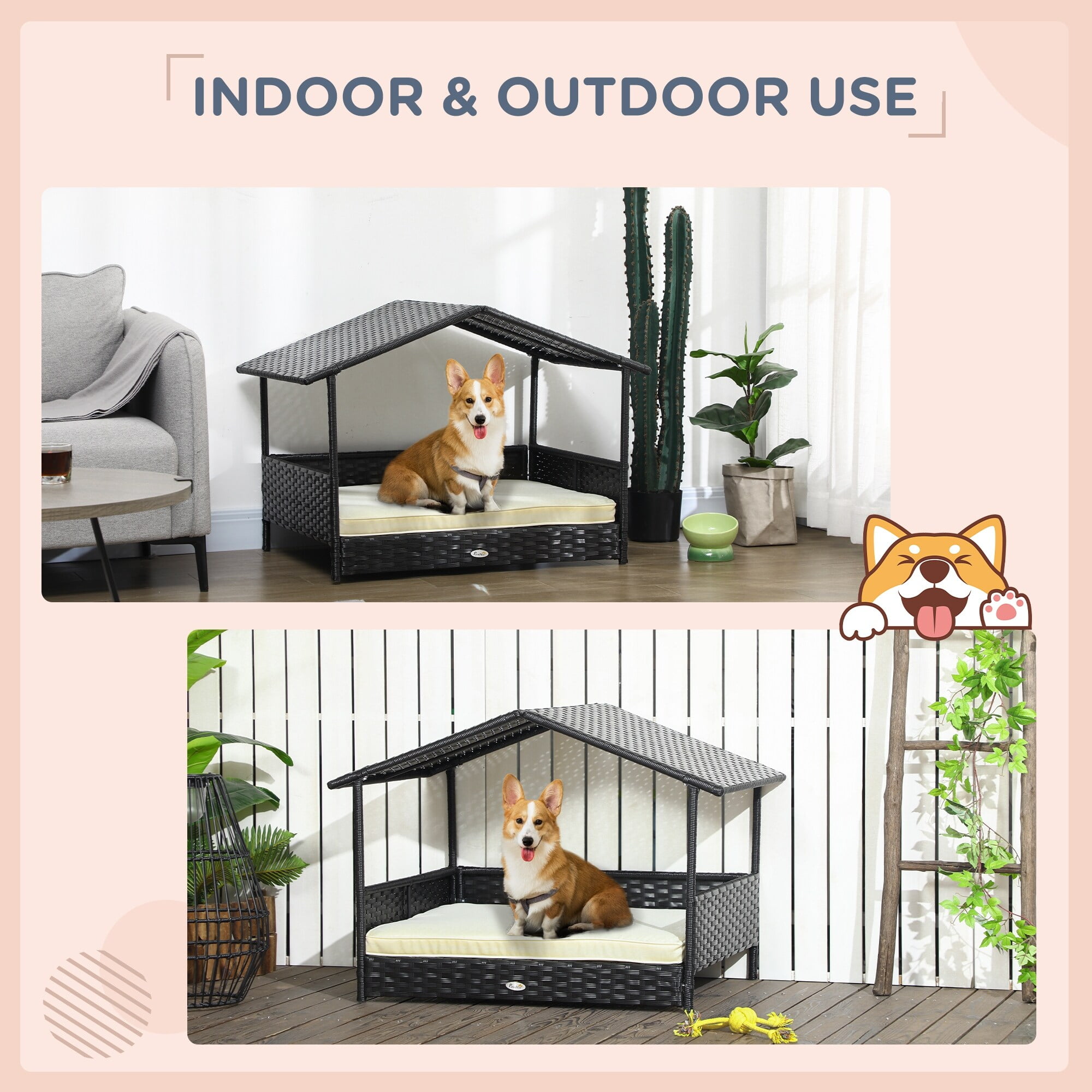 Black Wicker Outdoor Dog House with Canopy and Cushion
