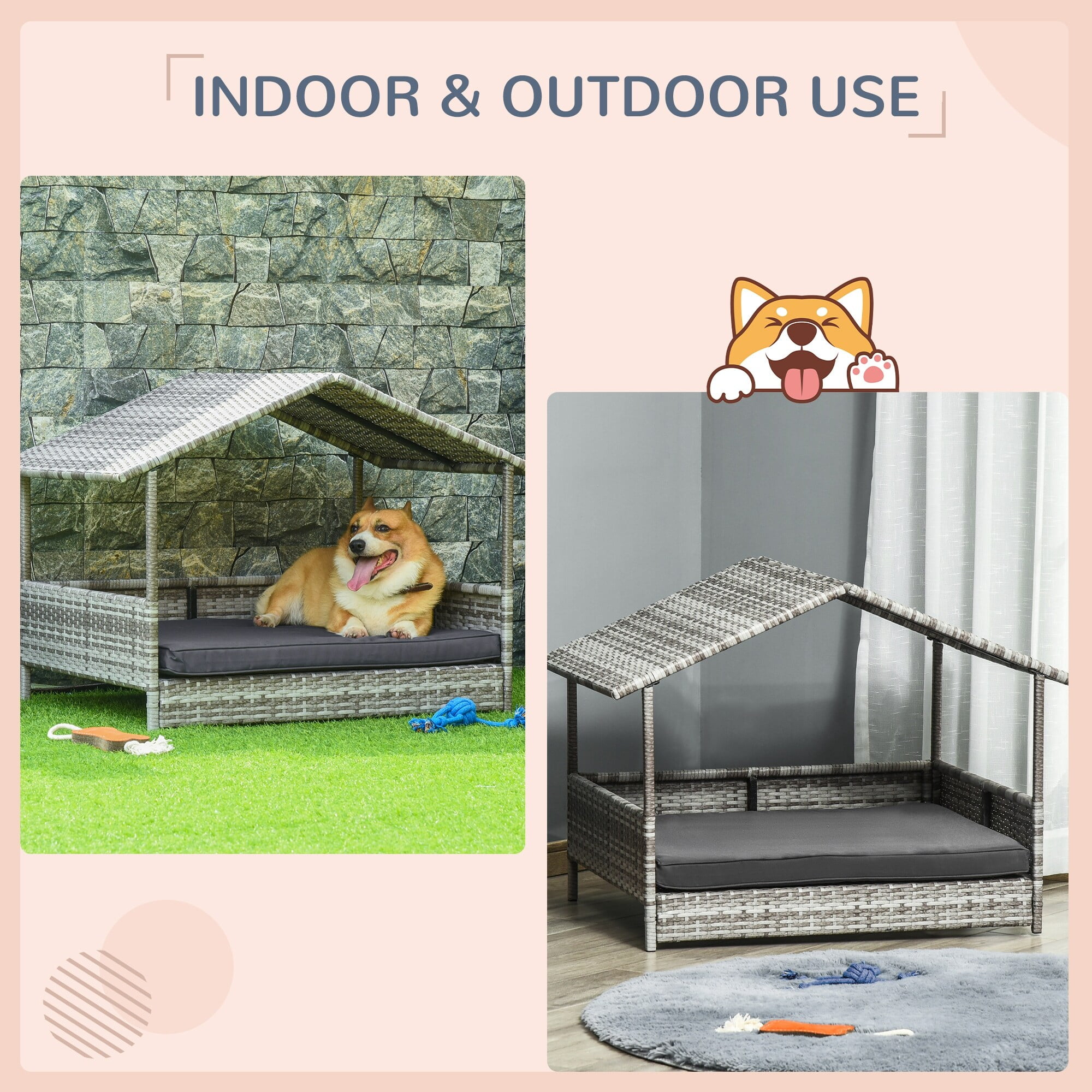Gray Wicker Outdoor Dog House with Canopy and Cushion